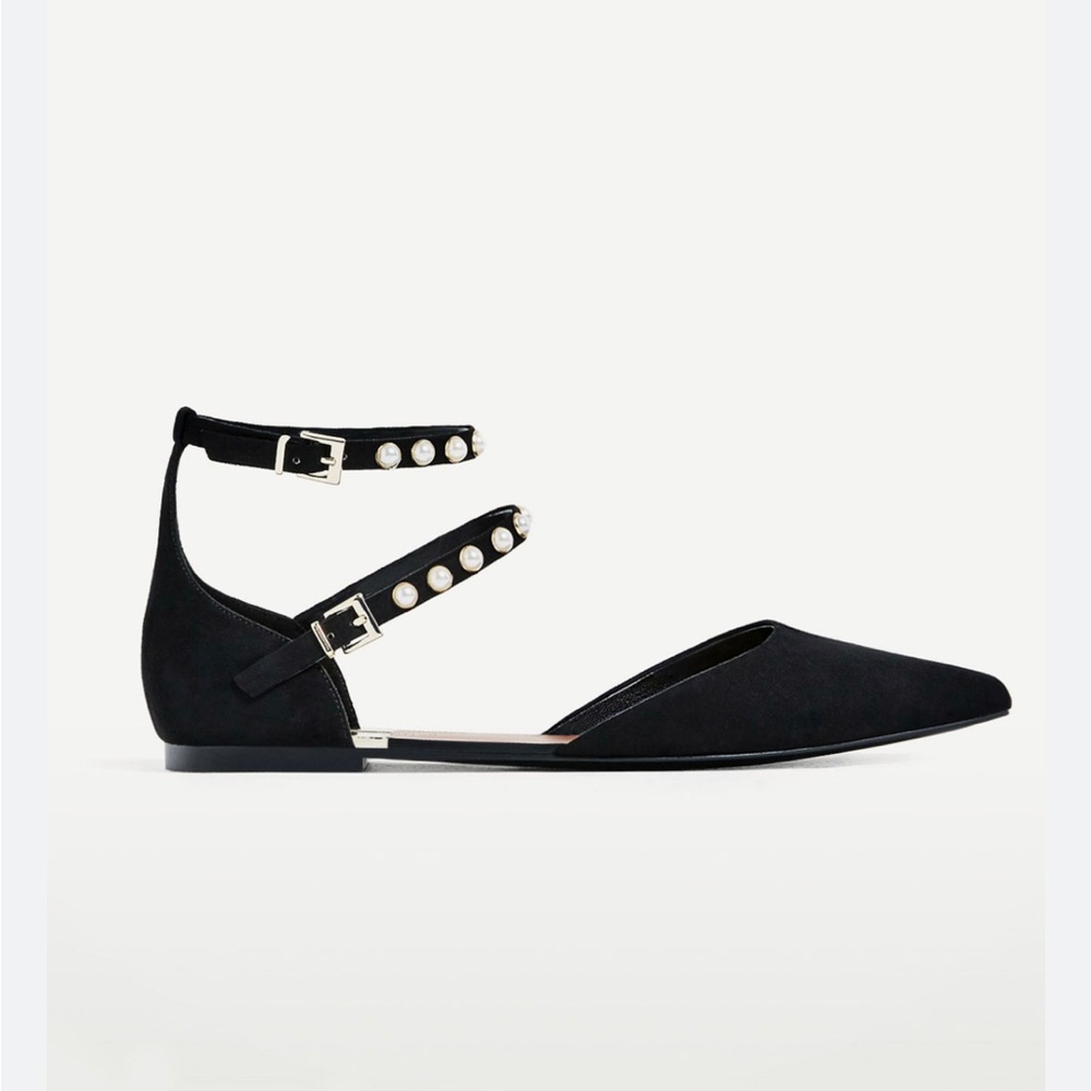 Zara Black Pearl Ankle D’ Orsay Pointed Flats size 37 (6.5)